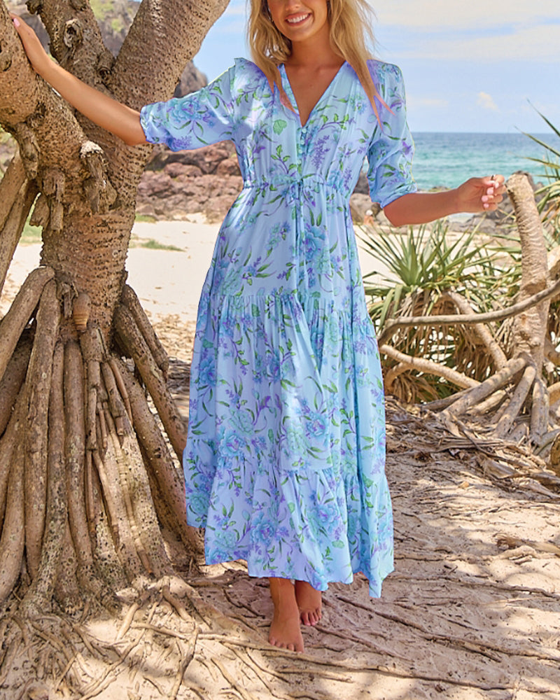 Kurzarmkleid mit V-Ausschnitt und Blumenmuster