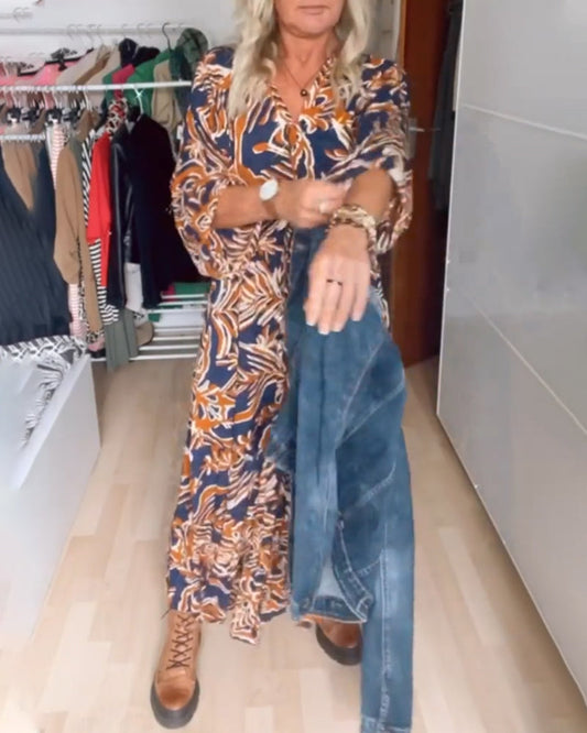 Vestido maxi estampado com decote em V