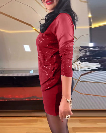 Sexy Oberteil aus Netzstoff mit V-Ausschnitt und einfarbigen Pailletten