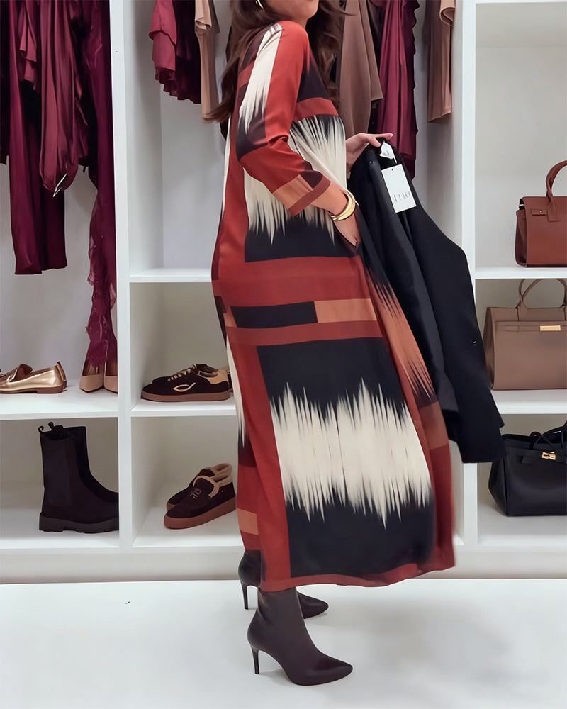 Fashion Printed Round Neck Long Sleeve Dress