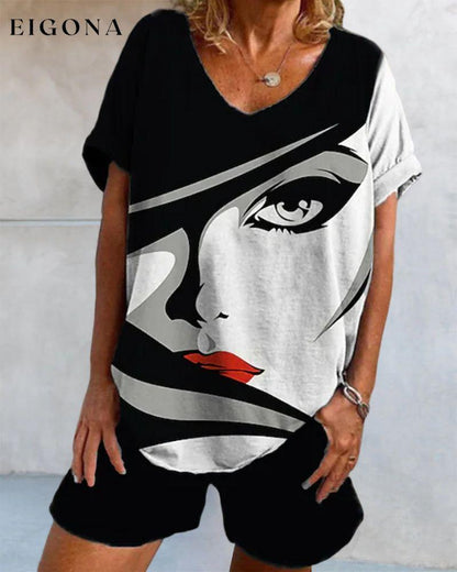 Short Sleeve Set in Figure Print 23BF clothes Short Sleeve Tops T-shirts Tops/Blouses Two-piece sets