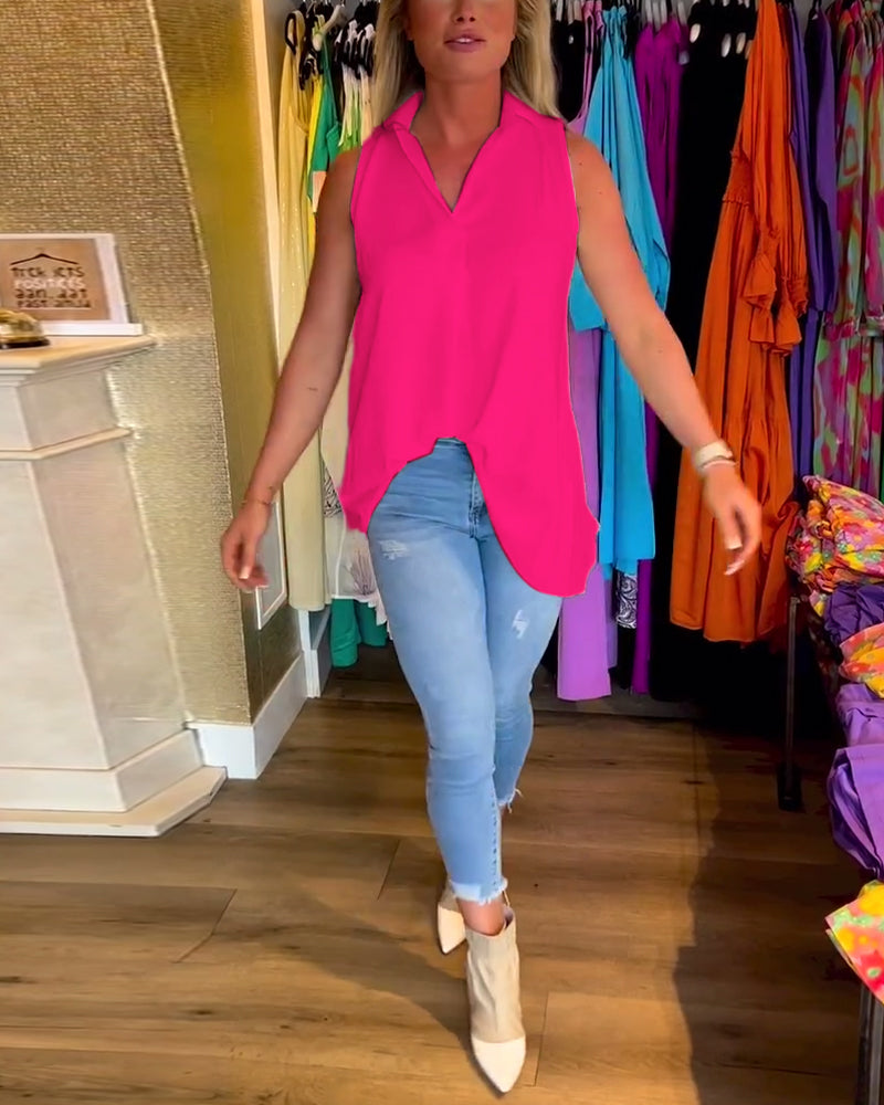 Top froncé sans manches à revers