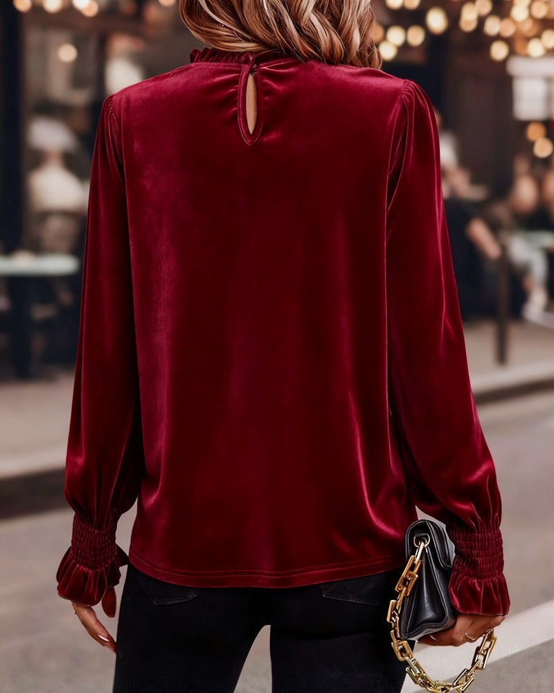 Ruffled Velvet Long Sleeve Top