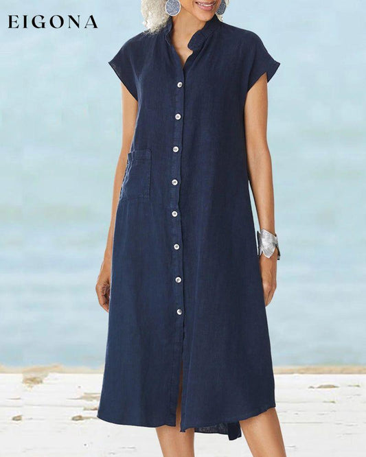 Stand collar single breasted pocket dress Blue 23BF Casual Dresses Clothes Dresses Summer