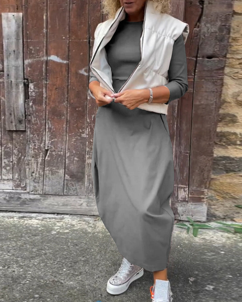 Simple solid color pocket long sleeve elegant dress