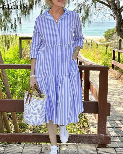 Shirt Collar Stripe Print Dress Blue 23BF Casual Dresses Clothes Dresses Spring Summer