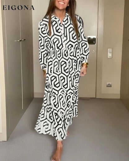 Geometric Print Nine Points Sleeve Dress Black 23BF Casual Dresses Clothes Dresses Spring Summer