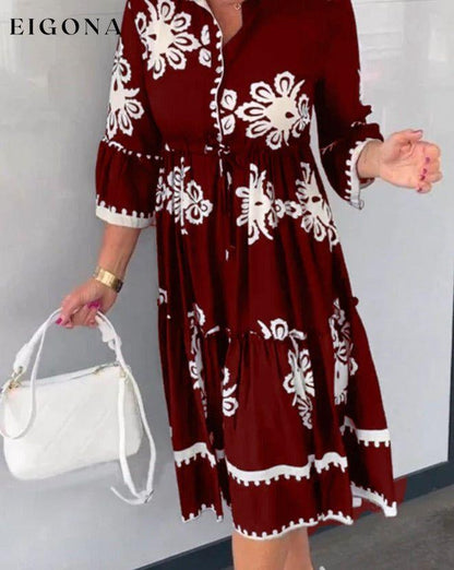 3/4 Sleeve Floral Print Dress Burgundy 23BF Casual Dresses Clothes discount Dresses Spring Summer