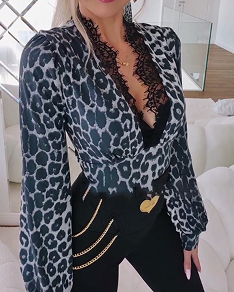 Sexy Lace And Leopard Print Top 2024 f/w tops