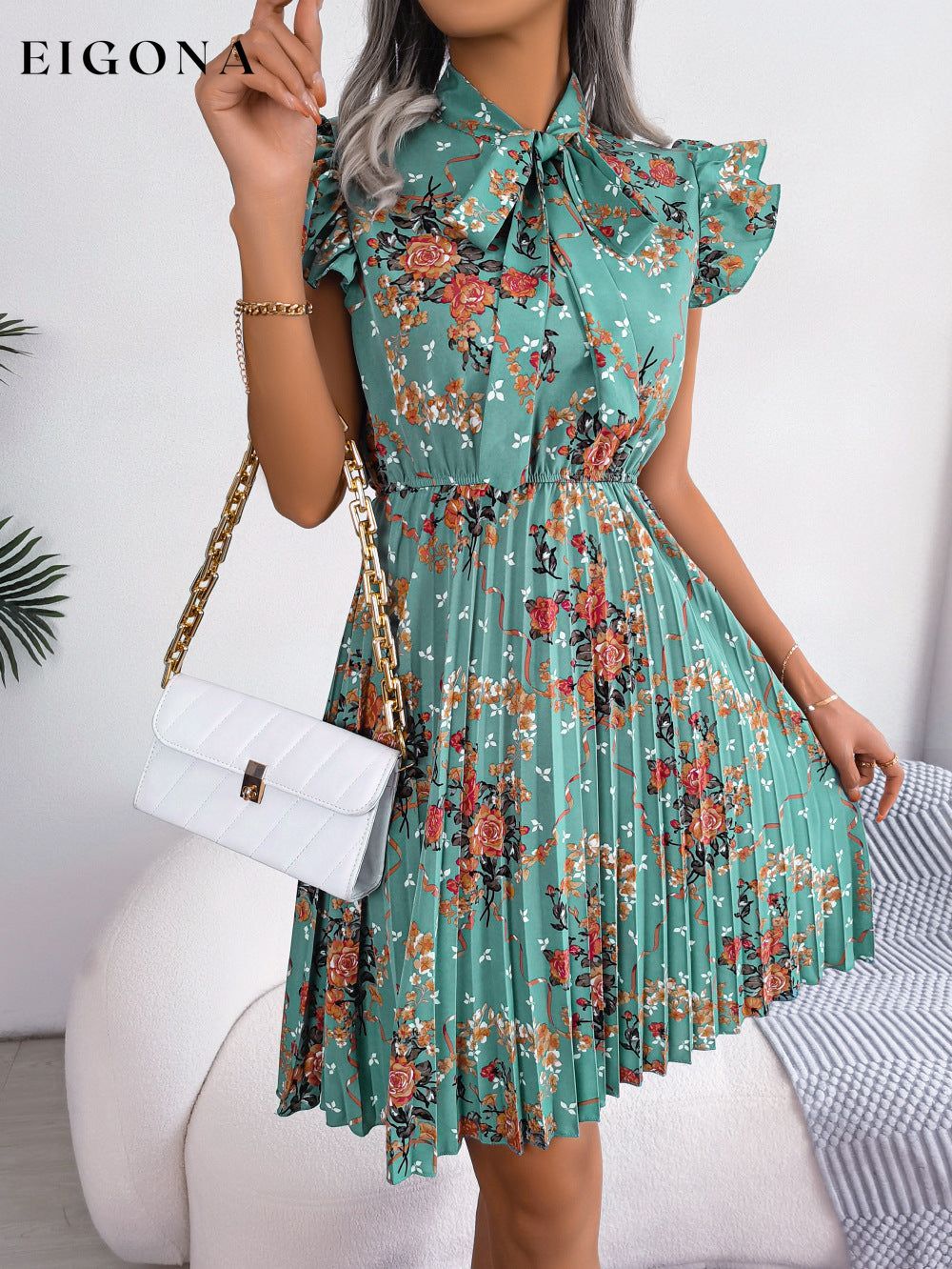 Pleated Floral Printed Tie Neck Knee Length Short Sleeve Dress B.J.S casual dress casual dresses clothes dress dresses Ship From Overseas short dress short dresses short sleeve dress short sleeve dresses