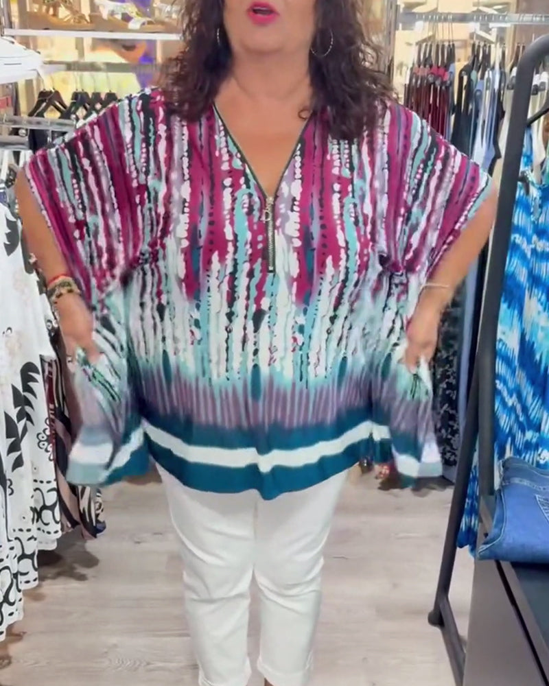 Tie-Dye V-Neck Zip-Front Batwing Top