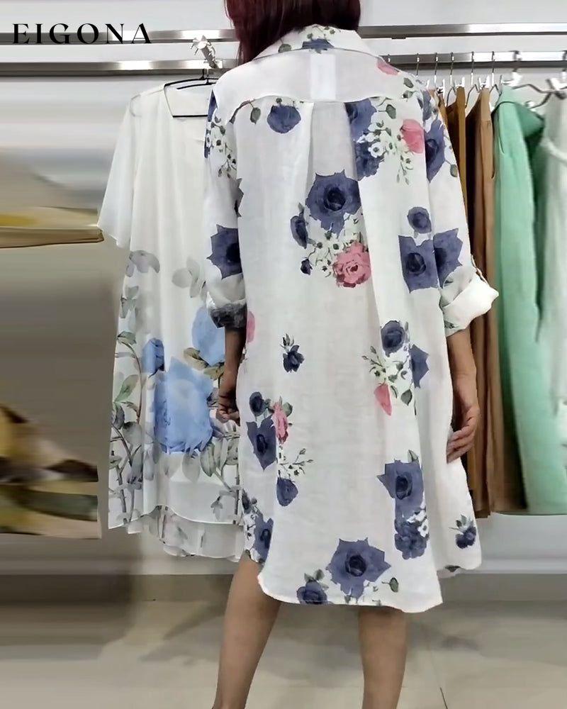 Floral print lapel long sleeve dress casual dresses spring summer