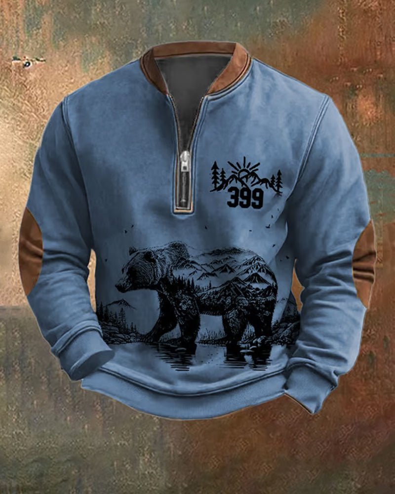 Men's Western Grizzly Print Zip-Up Sweatshirt cute animals hoodies man