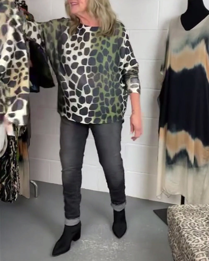 Stylish leopard print crew neck long sleeve top 2024 f/w blouses & shirts spring