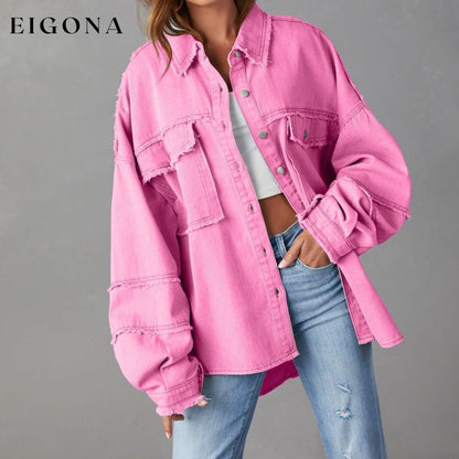 Dropped Shoulder Raw Hem Jacket Hot Pink clothes Denim Jacket Jacket long sleeve top Outerwear Ship From Overseas Shipping Delay 09/29/2023 - 10/02/2023 X@Y@K