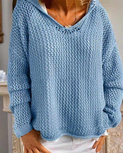 Dames Crochet Hollow Out Hooded Long Sleeve Tops