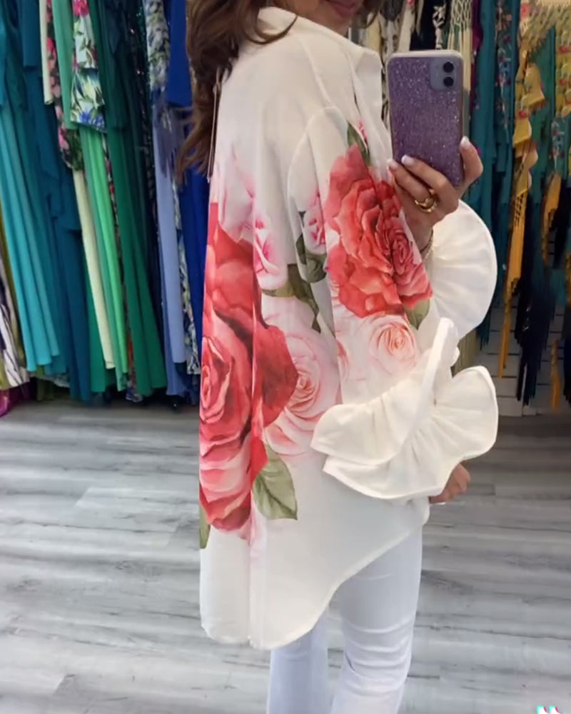 Long-sleeved rose print shirt blouses & shirts spring summer