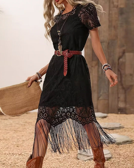 Lace-Paneled Short-Sleeve Fringed Dress