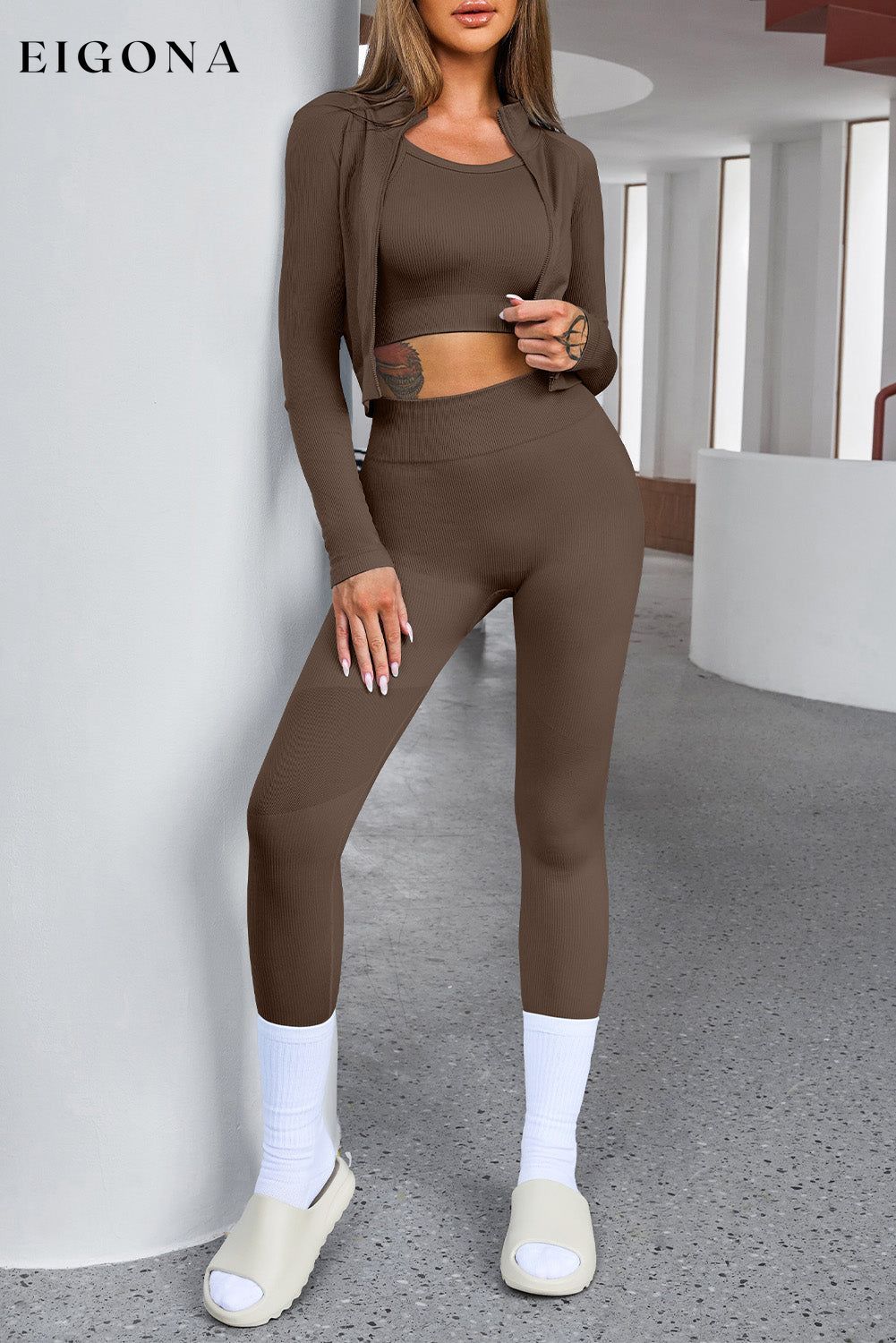 Brown Ribbed Knit 3pcs Sports Set clothes EDM Monthly Recomend Season Winter