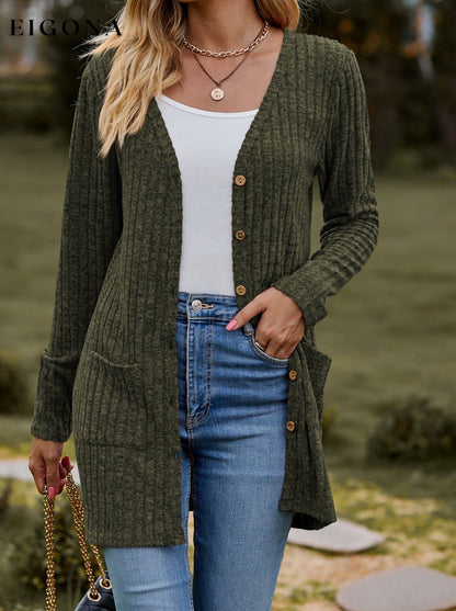 Ribbed Button-UP Cardigan with Pockets Army Green cardigan clothes Lamy long sleeve Ship From Overseas Shipping Delay 09/29/2023 - 10/02/2023 top