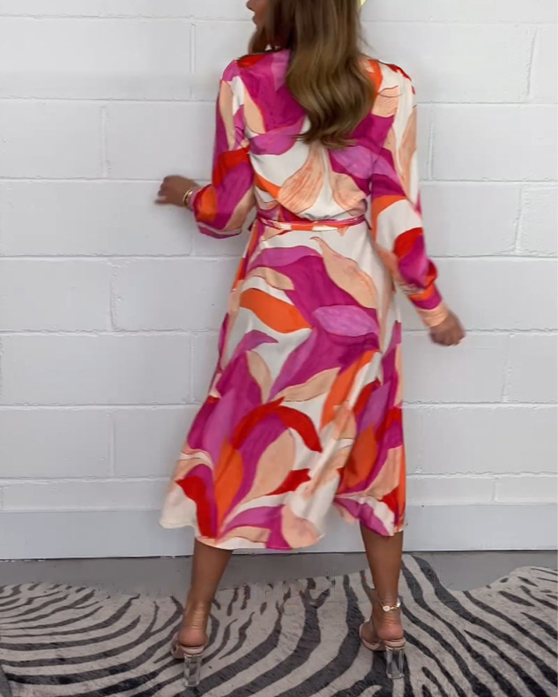 Colorful leaf print long-sleeve V-neck tie dress casual dresses spring summer