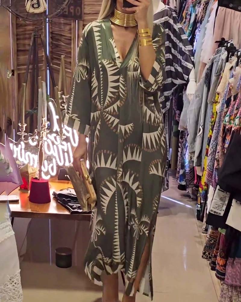 Vintage botanical print deep V slit dress casual dresses spring summer