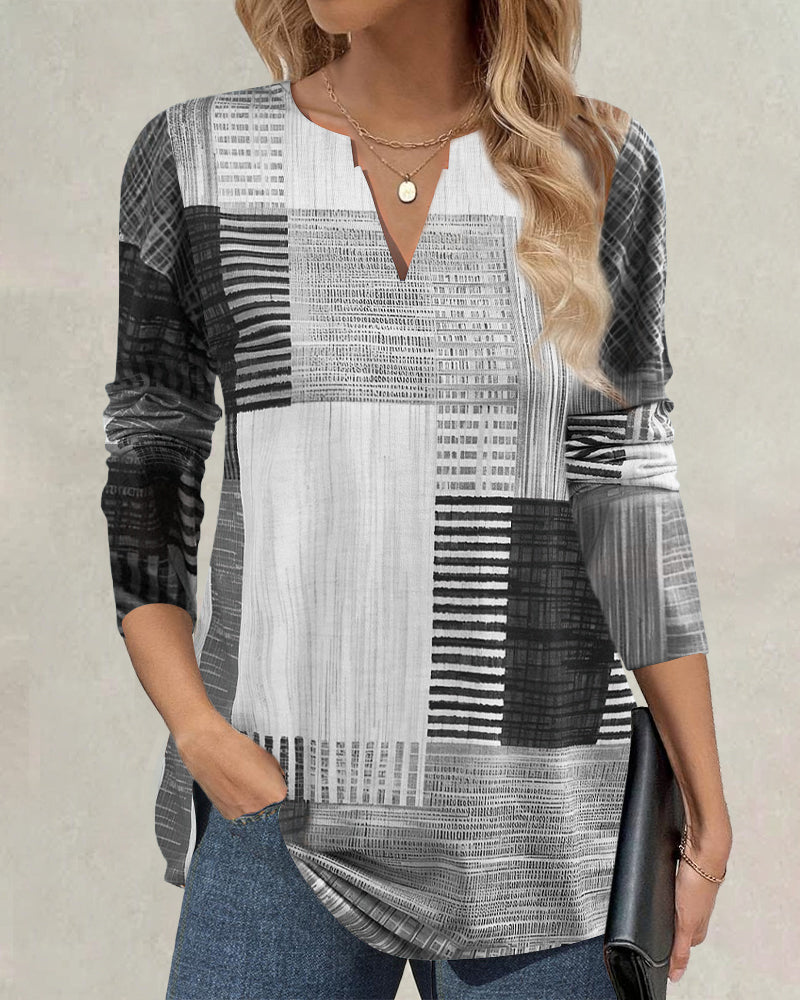 Casual printed V-neck long-sleeve top 2024 f/w blouses & shirts spring