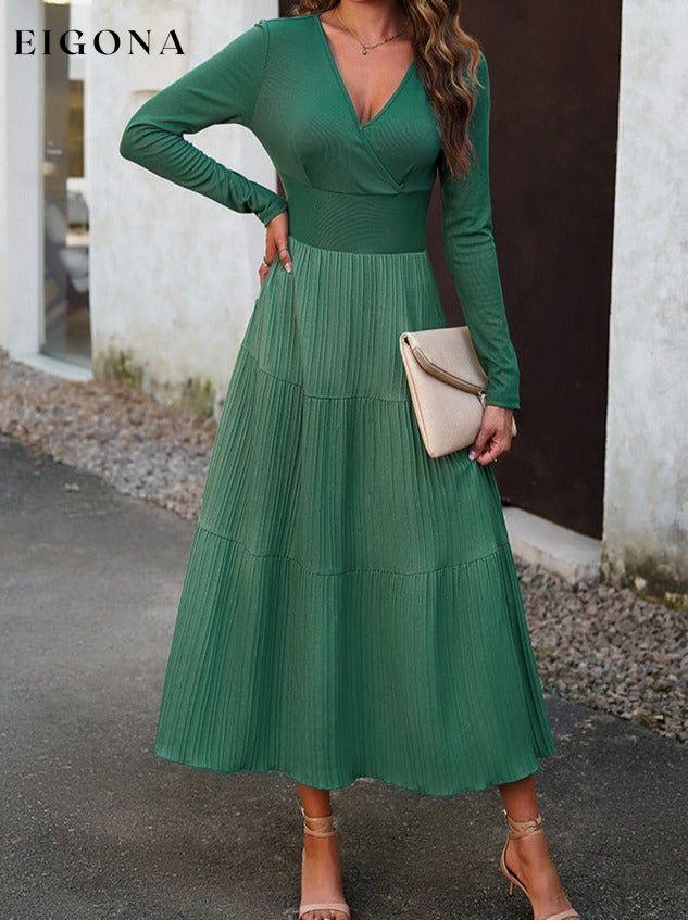 Surplice Neck Long Sleeve Smocked Waist Midi Dress Teal clothes DY Ship From Overseas trend