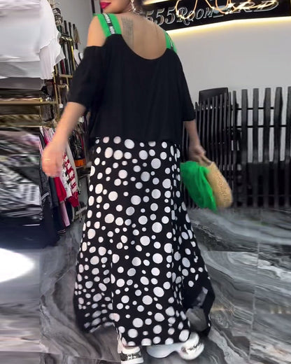 Lässiges Hosenträger-Patchworkkleid mit Punkten