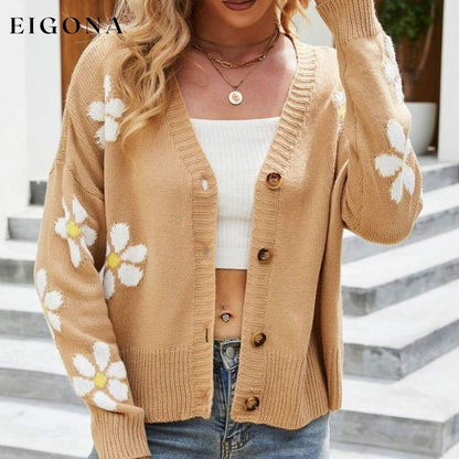 Floral Ribbed Trim Drop Shoulder Cardigan cardigan cardigans clothes Ship From Overseas sweater sweaters Yh