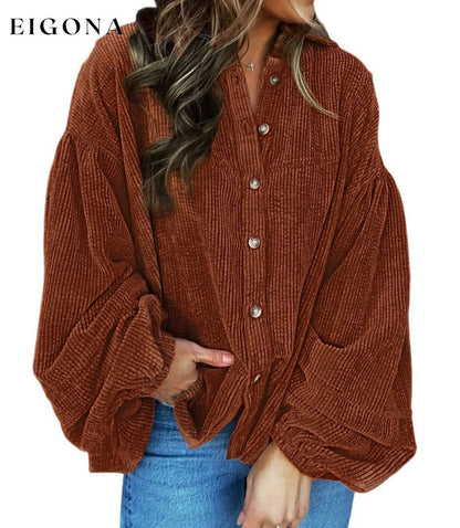 Coffee Textured Corduroy Puff Sleeve Shacket clothes Fabric Corduroy Hot picks Occasion Daily Print Solid Color Season Fall & Autumn Style Western