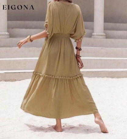 Tassel Trim Smocked V-Neck Short Sleeve Maxi Dress casual dresses clothes dress dresses H.R.Z long sleeve dress maxi dress Ship From Overseas short dress short sleeve short sleeve dress short sleeve dresses