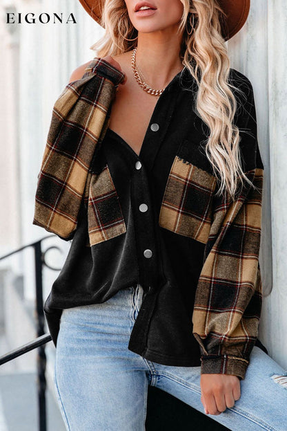 Black Plaid Patchwork Chest Pockets Oversized Shirt Jacket Black 65%Polyester+35%Cotton All In Stock Best Sellers Category Shacket clothes EDM Monthly Recomend Hot picks long sleeve shirts Occasion Daily oversized shirt Print Plaid Season Fall & Autumn shirt shirts Style Western top tops