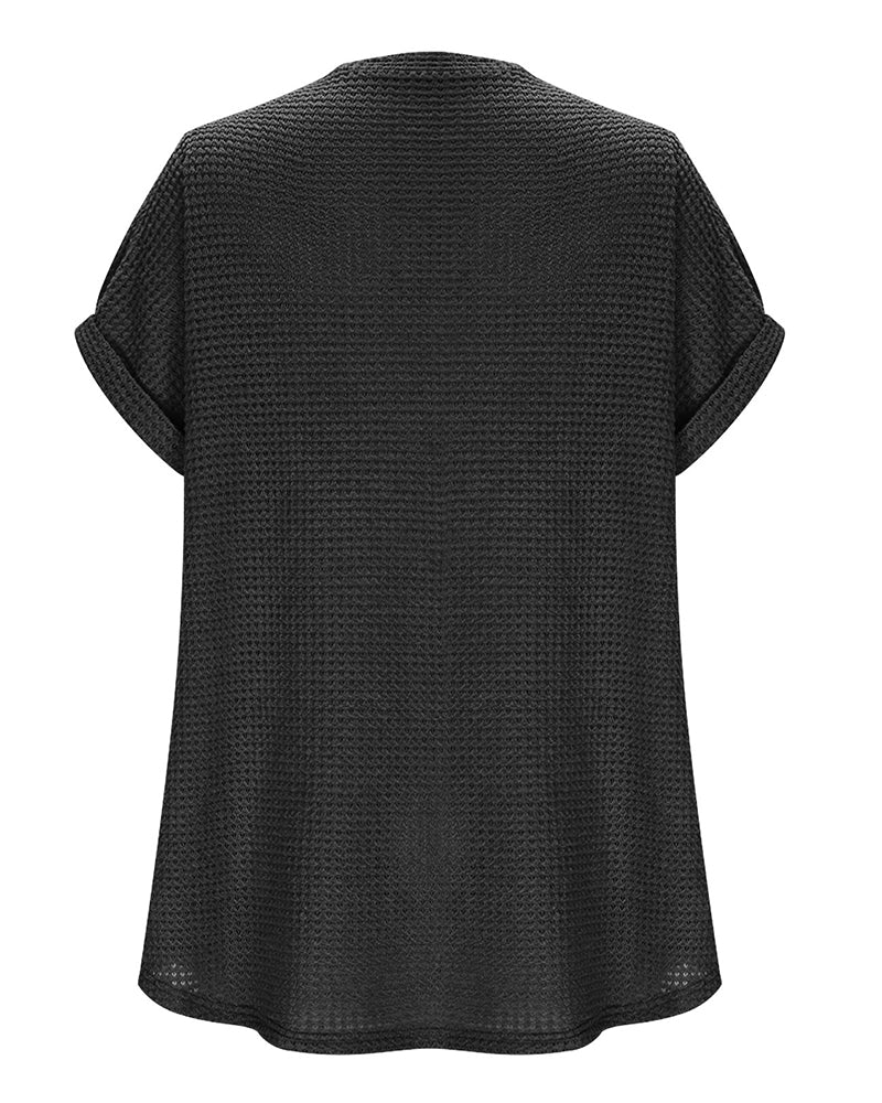 Women's Waffle Knit V-Neck Casual Summer T-shirt