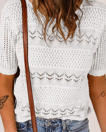 Women's Round Neck Hollow Knit Crochet Short Sleeve Sweater