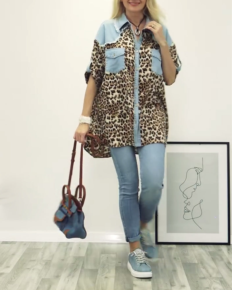 Casual leopard print denim patchwork shirt 2024 f/w blouses & shirts spring