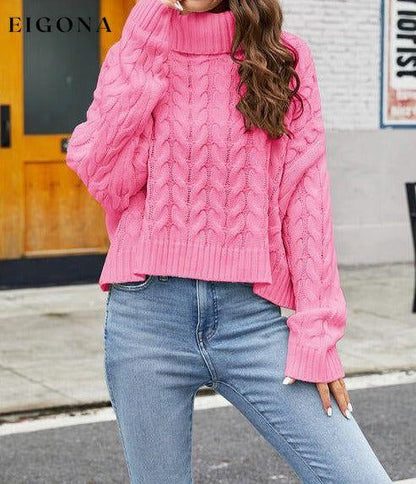 Turtleneck Cable-Knit Long Sleeve Sweater Hot Pink clothes Ship From Overseas X.X.W