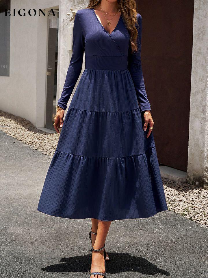 Surplice Neck Long Sleeve Smocked Waist Midi Dress clothes DY Ship From Overseas trend