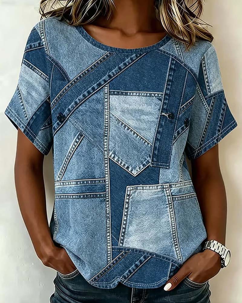 Denim Patchwork Print Short Sleeve T-Shirt