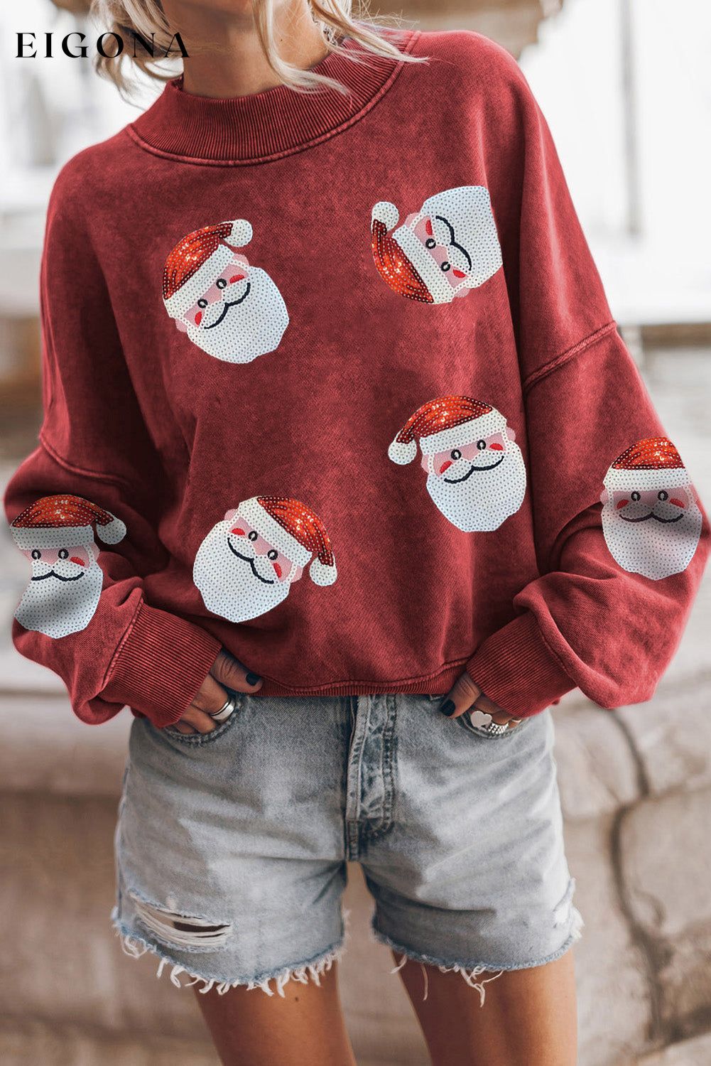 Sequin Santa Patch Round Neck Sweatshirt Wine clothes Ship From Overseas SYNZ