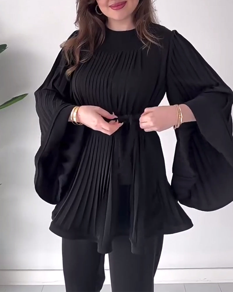 Pleated bell sleeves solid color elegant blouse blouses & shirts spring