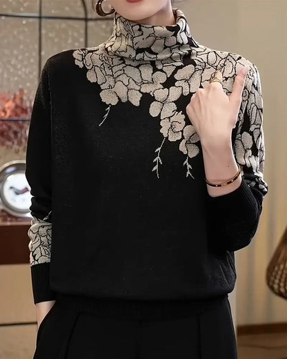 Fashion Turtleneck Floral Jacquard Pullover