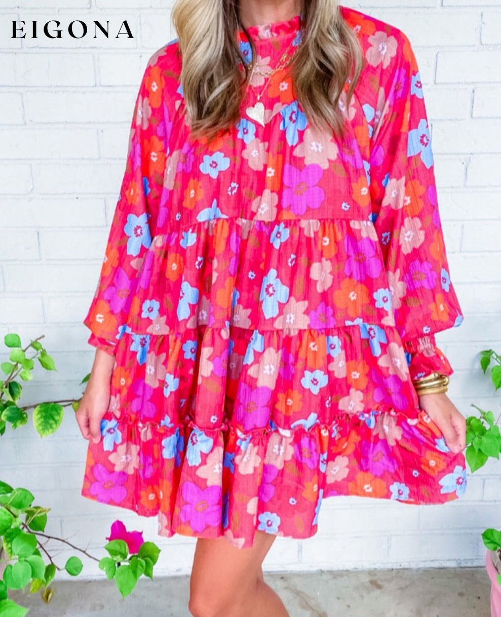 Multicolour Floral Bubble Sleeve Tiered Babydoll Dress All In Stock casual dresses clothes Color Pink dress dresses long sleeve dress long sleeve dresses Occasion Daily Print Floral Season Spring short dresses Silhouette A-Line Style Southern Belle