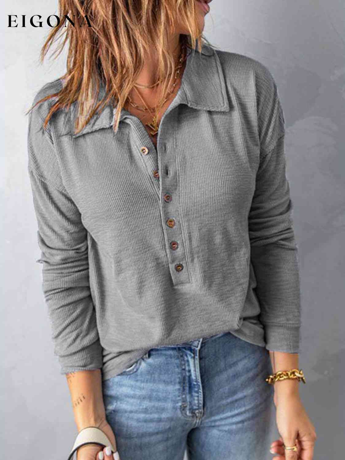 Collared Neck Half Button Top Heather Gray clothes Ship From Overseas Y@S@M