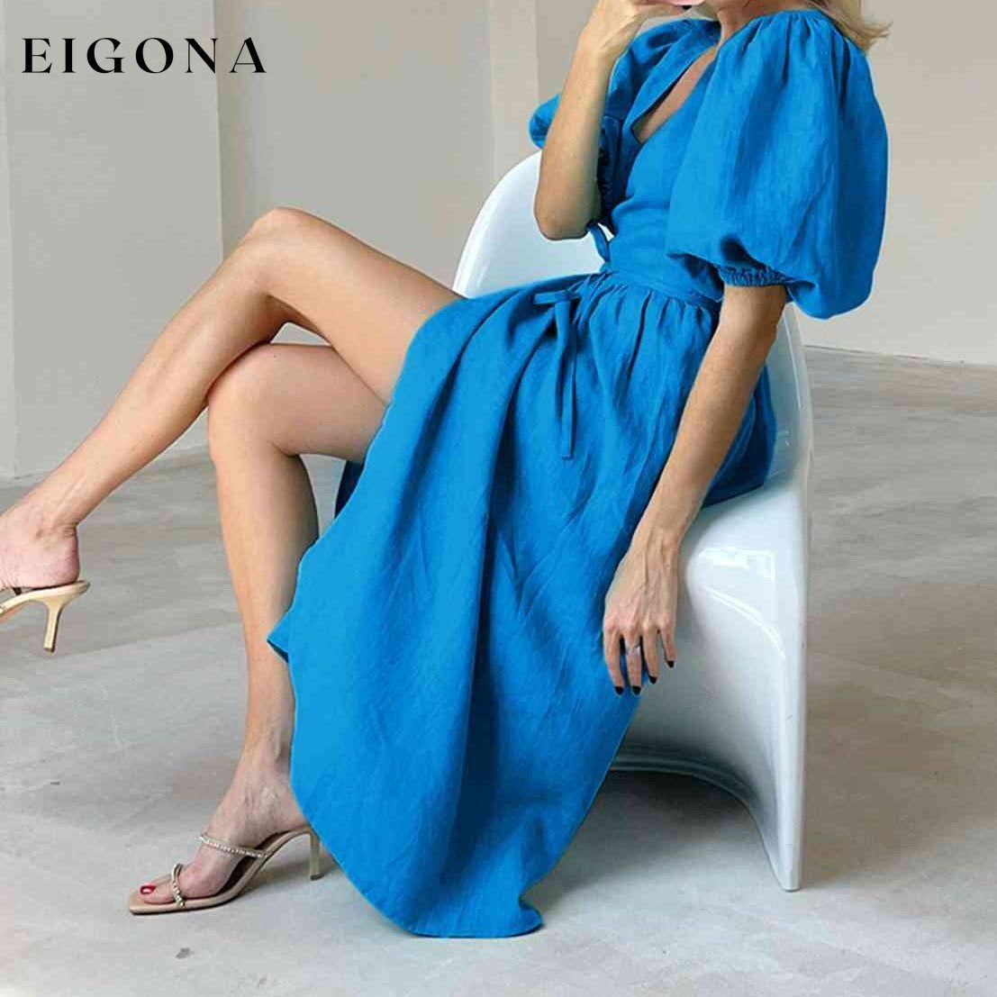 Surplice Balloon Sleeves Slit Short Sleeve Tied Dress Sky Blue buy this casual dresses clothes dresses Maxi maxi dress maxi dresses Q@S Ship From Overseas short dresses