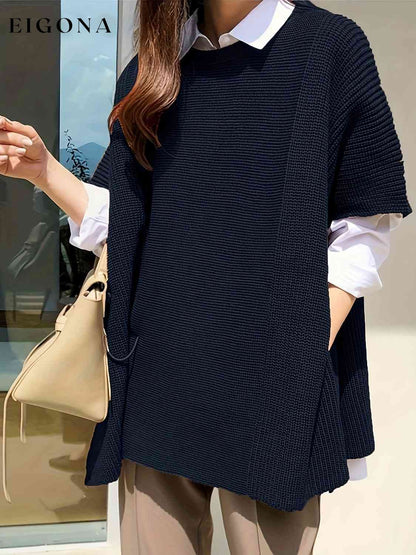 Plus Size Round Neck Slit Short Sleeve Sweater Navy clothes M@Z@L Ship From Overseas