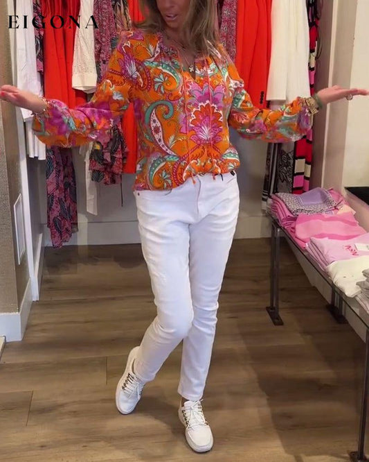 Printed lanyard long sleeve blouse blouses & shirts spring summer