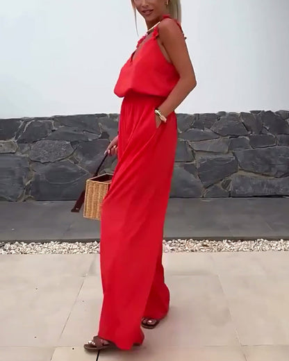 Holiday Suspender Solid Color Jumpsuit