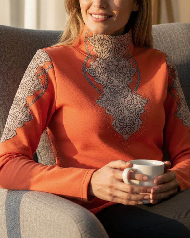 Elegant Printed Fitted Women's Stand Collar Top