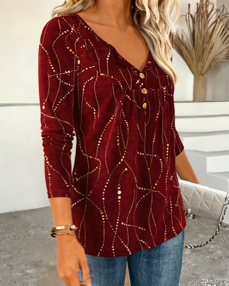Printed Button-Down V-Neck Top
